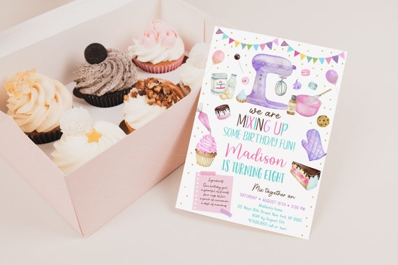Editable Baking Birthday Invitation Baking Birthday Invite Girls Baking Party Cooking Party Cookies Cake Pink Gold Digital Download A624 Il_570xn