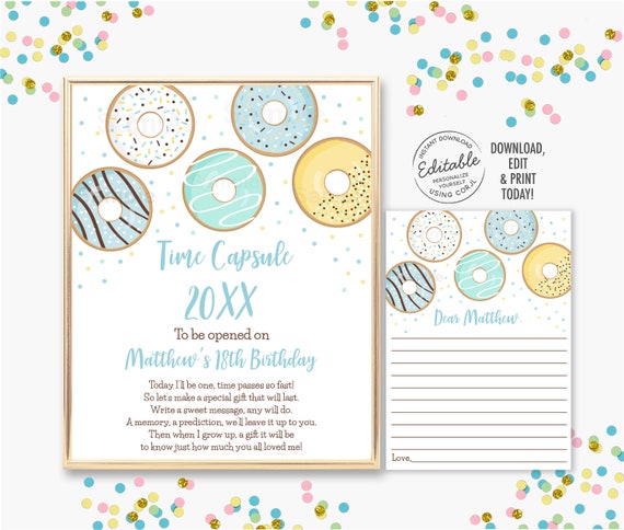 EDITABLE Donut Birthday Time Capsule, Donut First Birthday, Donut Grow Up, Blue Donut, Donut Party, Doughnut, Printable, Digital, Corjl A501 Il_570xn