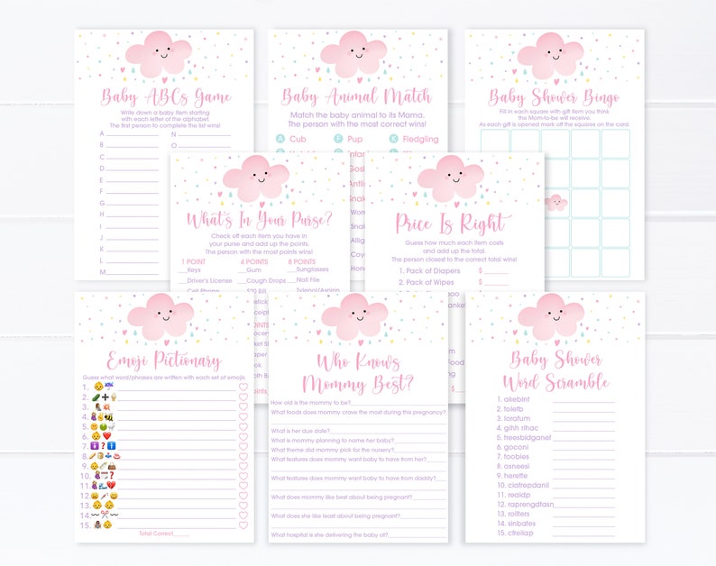 Op de afbeelding: Een set met printbare babyshower-spellen met een roze wolk en confetti-ontwerp. De spellen omvatten Baby ABCs, Baby Animal Match, Baby Shower Bingo, What's In Your Purse, Price Is Right, Emoji Pictionary, Who Knows Mommy Best en Baby Shower Word Scramble.