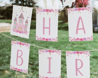 Princess Birthday Banner, Princess Castle Birthday, Princess Party, Pink Purple Gold Floral, Flowers, Editable Digital Download A752
