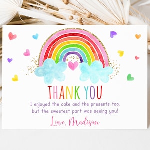 Editable Rainbow Birthday Thank You Card Girls Rainbow Party Pink Gold Rainbow Clouds Hearts Watercolor Rainbow Digital Download A661