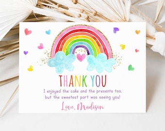 Editable Rainbow Birthday Thank You Card Girls Rainbow Party Pink Gold Rainbow Clouds Hearts Watercolor Rainbow Digital Download A661
