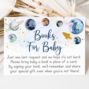 Cartes de demande de livre pour baby shower de l'espace planète or galaxie espace système solaire fusée livres pour bébé imprimable téléchargement immédiat A586