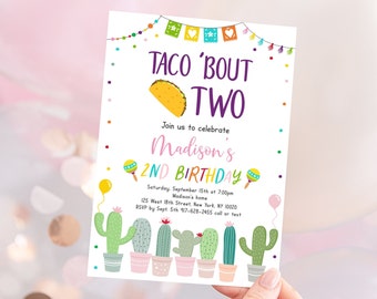Editable Taco Bout Two Birthday Invitation Fiesta 2nd Birthday Invite Girl Fiesta Party Cactus Succulent Mexican Digital Download A552