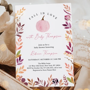 Editable Fall In Love Pumpkin Baby Shower Invitation Fall Baby Shower Pink Pumpkin Autumn Baby Shower Baby Girl Digital Download A705