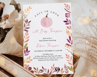 Edytowalne zaproszenie na baby shower z motywem dyni "Zakochaj się w miłości" Jesienny baby shower Różowa dynia Jesienny baby shower Dziewczynka Cyfrowe pobieranie A705