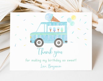 Editable Ice Cream Truck Birthday Thank You Card, Modern Ice Cream Truck, Blue Boy Ice Cream Party Digital Download A673