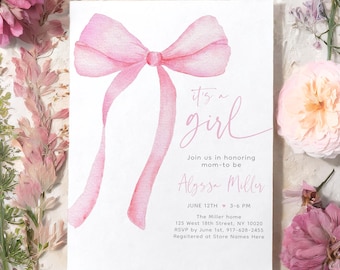 Pink Bow Baby Shower Invitation, Pink Coquette Bow Baby Shower Invite, Girl Baby Shower, Watercolor Bow, Editable Digital A764