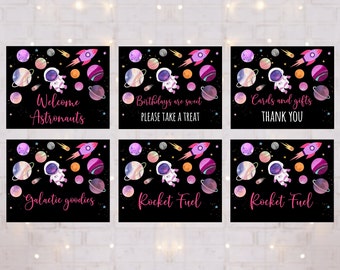 Ensemble de 6 panneaux de signalisation d'anniversaire dans l'espace modifiables, ensemble de 6 panneaux de fête fille rose astronaute galaxie planètes fusée téléchargement espace A654