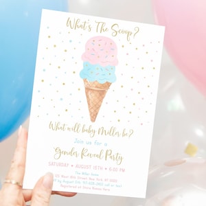 Editable What&#39;s The Scoop Ice Cream Gender Reveal Invitation Gender Reveal Ice Cream Party Pink Blue Gold Printable Digital Download A611