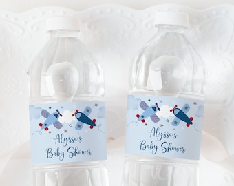 Editable Airplane Baby Shower Water Bottle Labels Boy Baby Shower Airplane Clouds Stars Red Blue Printable Digital Download A566