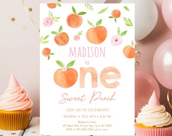 Editable Peach Birthday Invitation One Sweet Peach First Birthday Invite Watercolor Peach Girl 1st Birthday Printable Digital Download A668