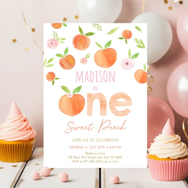 Editable Peach Birthday Invitation One Sweet Peach First Birthday Invite Watercolor Peach Girl 1st Birthday Printable Digital Download A668