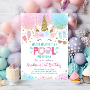 Bearbeitbare Pool Party Geburtstagseinladung Mädchen Einhorn Pool Party Splish Splash Eis Rosa Gold Printable Instant Download Corjl A556