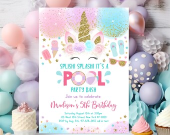 May include: A pink and blue pool party invitation with a unicorn illustration and gold glitter accents. The text reads "Splish! Splash! It's a Pool Party Bash. Join us to celebrate Madison's 5th Birthday. Saturday August 15th at 3:00pm. 125 West 18th Street, New York NY 10020. RSVP by Aug. 5th. 917-628-2455 call or text."