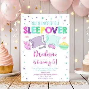 Editable Sleepover Birthday Invitation Sleepover Party Slumber Party Pajama Party Pink Girl Rainbow Sleepover Digital Download A523