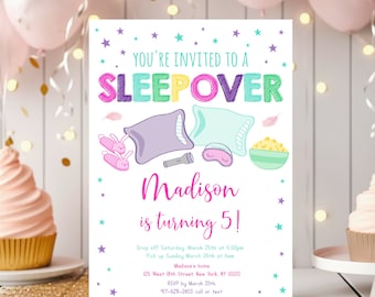 May include: A colorful invitation to a sleepover party for a girl named Madison turning 5. The invitation features a cartoon illustration of pillows, a flashlight, an eye mask, and a bowl of popcorn. The text reads "You're invited to a sleepover, Madison is turning 5!" with details about the party date, time, and location.