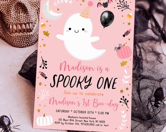 Editable Spooky One Ghost Birthday Invitation Halloween Ghost First Birthday Invite Pink Ghost Girl Halloween Party Digital Download A636