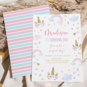 Editable Unicorn Rainbow Birthday Invitation Unicorn Birthday Invite Pastel Clouds Rainbow Pink Gold Floral Unicorn Party Download A582