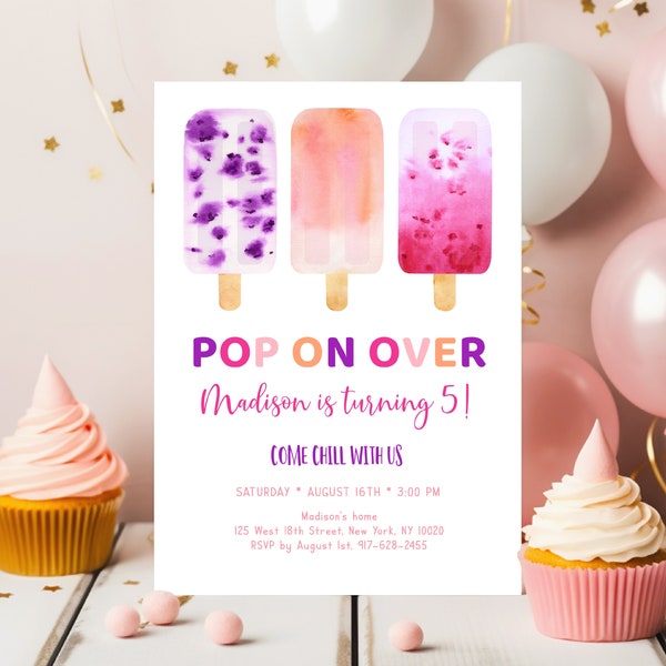 Editable Pink Popsicle Birthday Invitation, Popsicle Birthday Invite, Pop On Over Chill With Us, Girl Popsicle Party, Ice Cream Party A738