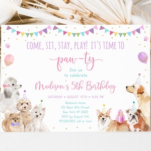 Editable Puppy Birthday Invitation Let's Paw-ty Girl Puppy Birthday Invite Puppy Dog Birthday Pink Gold Balloons Digital Download A621