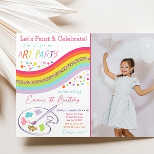 May include: A colorful invitation for an art party celebrating Emma's 8th birthday. The invitation features a rainbow with glitter, a paint palette, and a paintbrush. The text on the invitation reads "Let's Paint & Celebrate!" and "Join us for an ART PARTY".