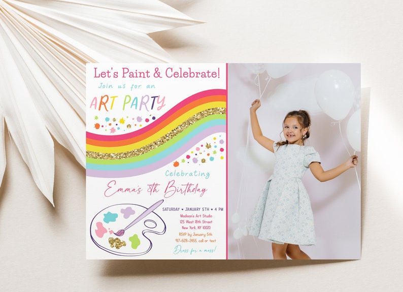 Editable Art Party Birthday Invitation Dress for A Mess Girl Pink Gold ...