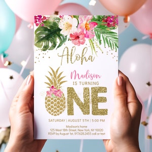 Editable Aloha Pineapple Birthday Invitation Pineapple First Birthday Tropical Floral Gold Pineapple Printable Digital Instant Download A494