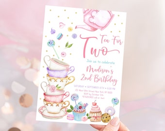 Editable Tea Party Birthday Invite Tea for Two Birthday Invitation Pink Gold Floral Tea Party Cake Cupcake Cookie Digital Download A651