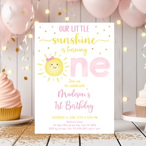 Editable Sunshine First Birthday Invitation Girl Sunshine Party Pastel Little Sunshine Pink Gold Birthday Invite Digital Download A599