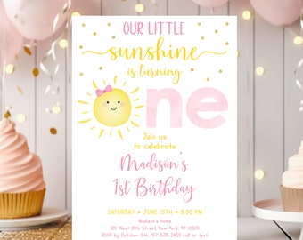 Editable Sunshine First Birthday Invitation Girl Sunshine Party Pastel Little Sunshine Pink Gold Birthday Invite Digital Download A599
