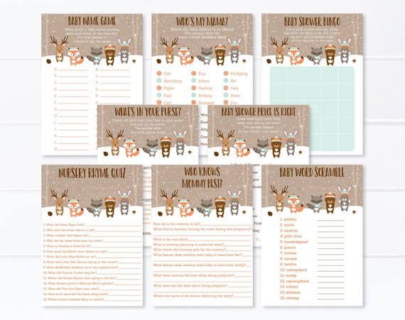Winter Woodland Baby Shower Games Package Snowy Woodland Baby