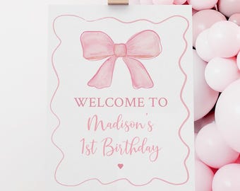 Editable Pink Bow Birthday Welcome Sign, Pink Bow Party, Watercolor Bow, Minimalist Pink Ribbon, Girl First Birthday, Digital Download A742