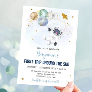 Editable Space Birthday Invitation First Trip Around The Sun Astronaut Galaxy Planets Rocket Ship Outer Space Party Blue Gold Digital A606 image 1