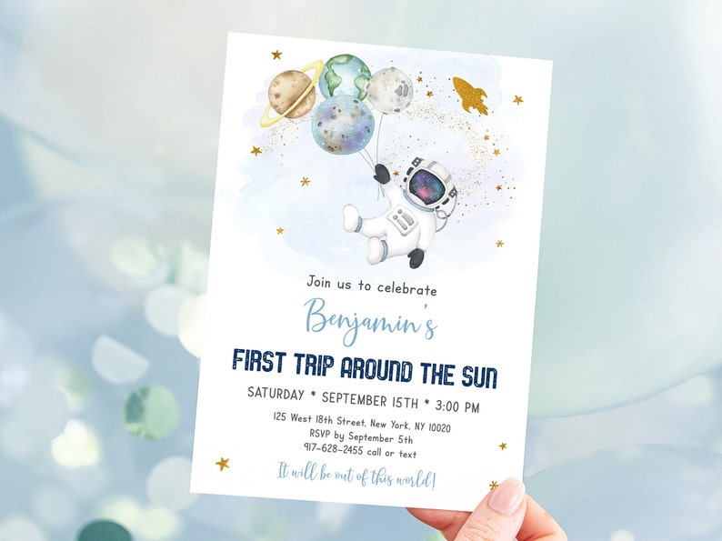 Editable Space Birthday Invitation First Trip Around The Sun Astronaut Galaxy Planets Rocket Ship Outer Space Party Blue Gold Digital A606 image 1