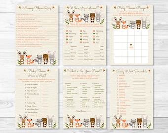 Woodland Animal Baby Shower Games Package / Woodland Baby Shower / Fox / Deer / Bear / 6 Printable Games / Printable INSTANT DOWNLOAD A187