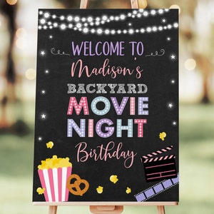 Editable Backyard Movie Night Birthday Welcome Sign Movie Under the Stars Girl Pink Outdoor Backyard Movie Party Popcorn Digital A555