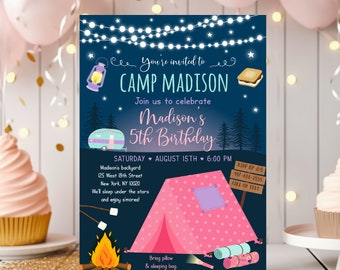 Editable Girl Camping Birthday Invitation Camping Sleepover Party Invite Glamping S'mores Pink Camper Camping Under Stars Digital A630
