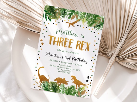 Editable Three Rex Dinosaur Birthday Invitation, Dinosaur 3rd Birthday Invite, Gold Dinosaur Safari, T-Rex, Dinosaur Dig Party, Digital A498 Il_570xn