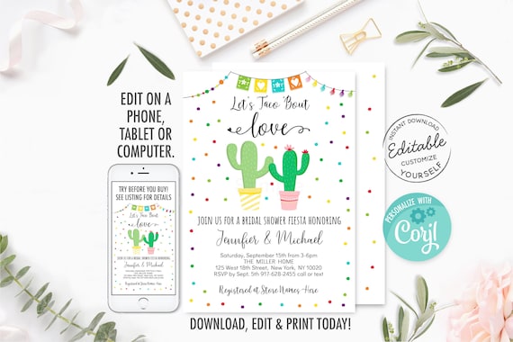 Avery Editable Taco Bout Love Fiesta Invitation Fiesta Bridal Shower Cactus Digital Succulent Instant Downlo Couples Fiesta Printable