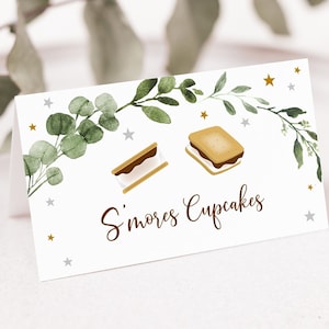 Editable S&#39;mores Tent Cards Food Labels Place Cards S&#39;more Birthday S&#39;mores Party Camping Campfire Bonfire Greenery Digital Printable A520
