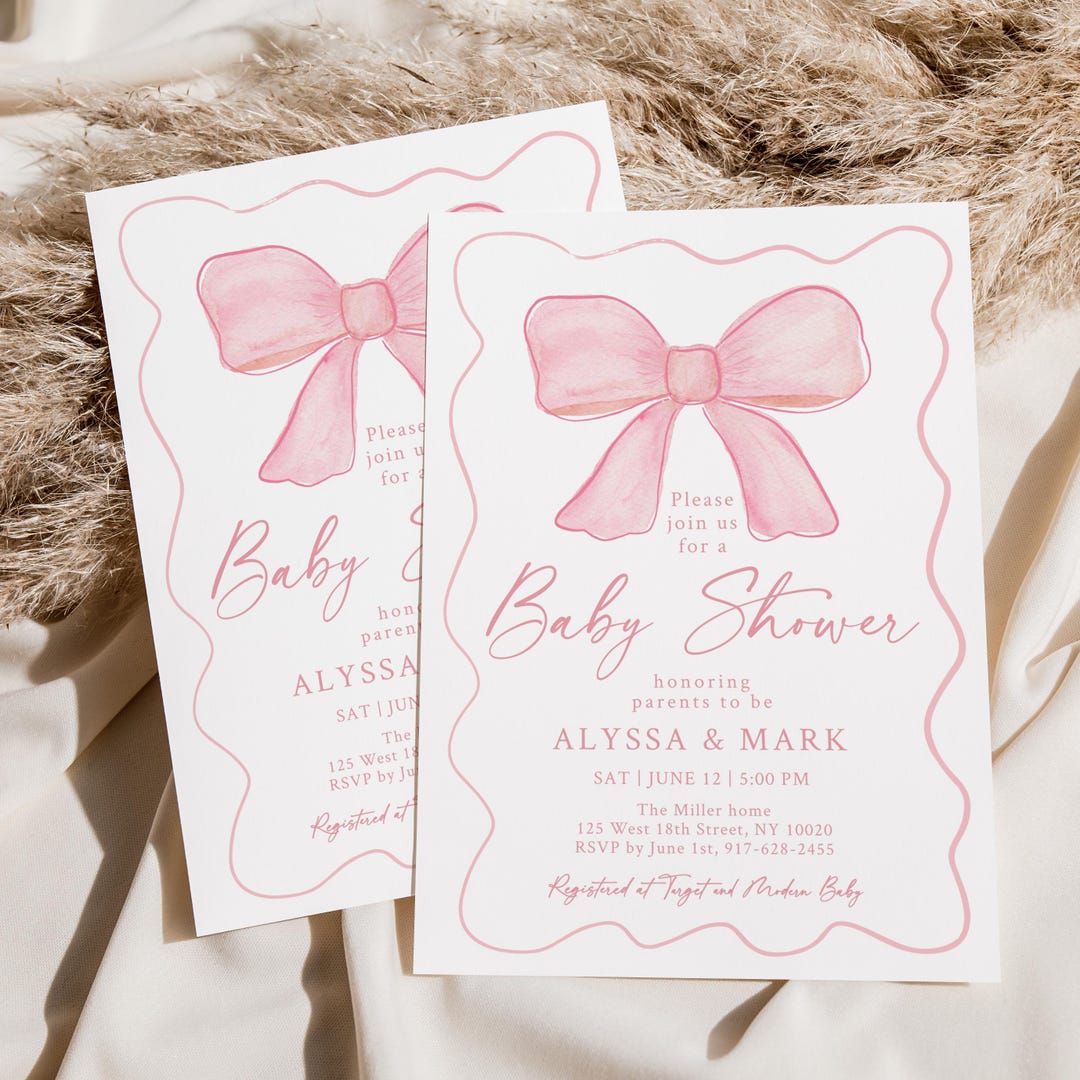 Editable Pink Bow Baby Shower Invitation Minimalist Watercolor Ribbon ...