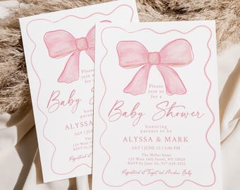 Editable Pink Bow Baby Shower Invitation Minimalist Watercolor Ribbon Baby Shower Invite Blush Pink Baby Girl Digital Download A742