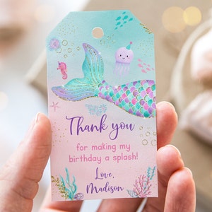 Editable Mermaid Birthday Thank You Tags Favor Tags Girls Mermaid Party Under The Sea Party Pink Purple Teal Gold Printable Digital A615