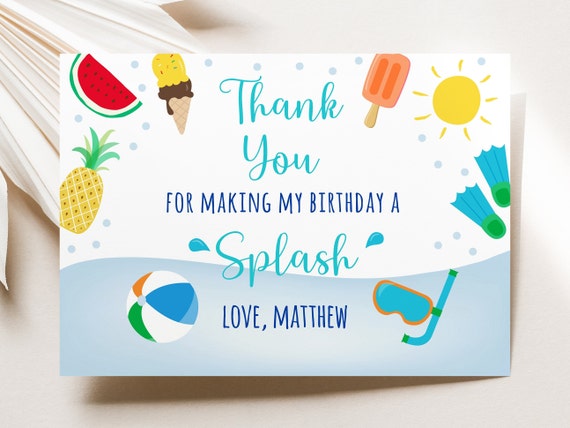 Editable Pool Party Birthday Thank You Card Boys Pool Party Ice Cream ...
