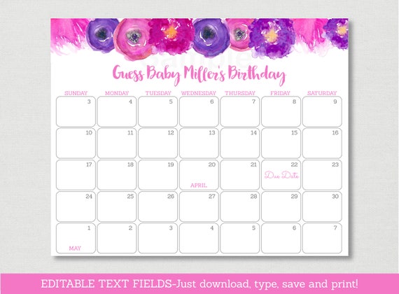 Floral Baby Due Date Calendar / Floral Baby Shower / Watercolor Floral / Pink & Purple / Guessing Game / INSTANT DOWNLOAD Editable PDF A172 Il_570xn