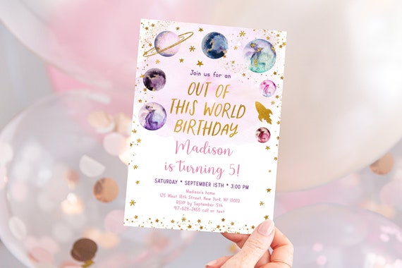Editable Space Birthday Invitation Out Of This World Birthday Pink Gold Girl Galaxy Planets Outer Space Party Rocket Ship Printable A586 Il_570xn