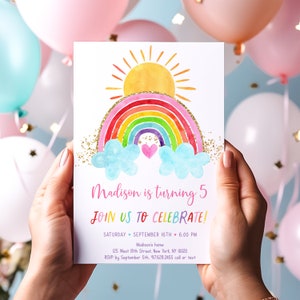 Editable Rainbow Sunshine Birthday Invitation Rainbow Birthday Invite Girls Rainbow Party Pink Gold Rainbow Clouds Sun Hearts Digital A661