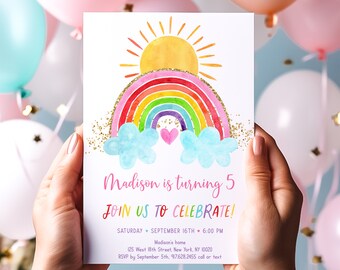 Editable Rainbow Sunshine Birthday Invitation Rainbow Birthday Invite Girls Rainbow Party Pink Gold Rainbow Clouds Sun Hearts Digital A661