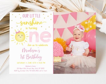 Editable Sunshine First Birthday Invitation Girl Sunshine Party Pastel Little Sunshine Pink Gold Birthday Invite Digital Download A599